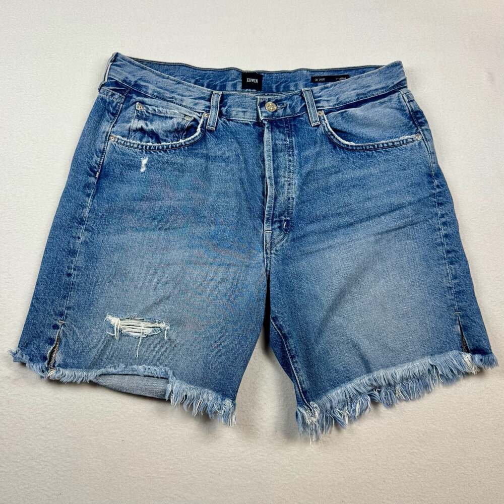Edwin Cai Short Distressed Denim Bermuda Shorts